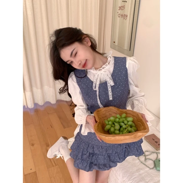 【格曼少女】25370 波点中古裙蛋糕摆碎花背带连衣裙蕾丝显瘦牛仔