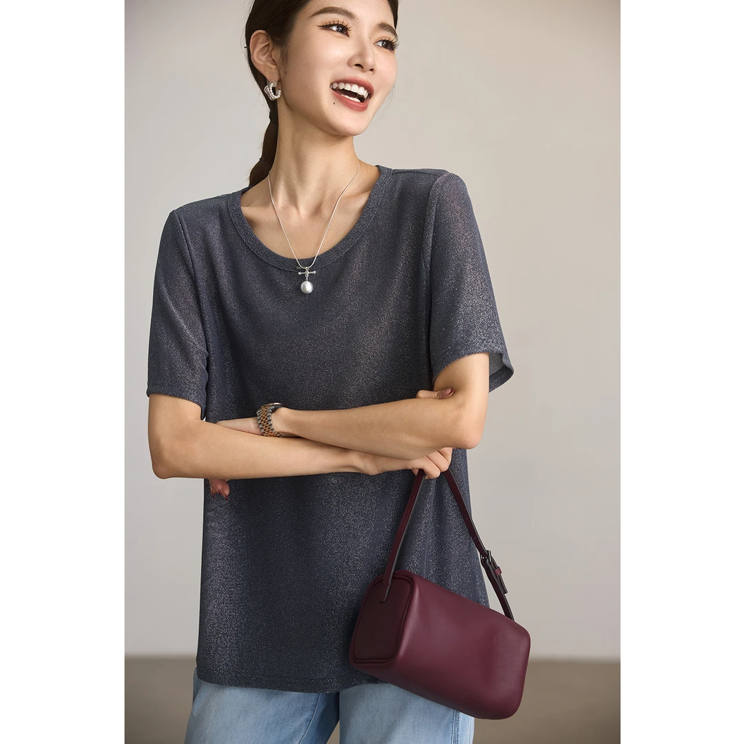 高端时尚亮丝短袖T恤女夏季2025年新款正肩打底衫设计感大码上衣