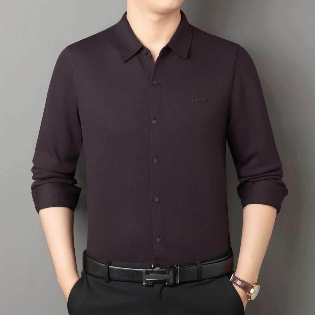 3001夜紫色加绒含绵羊毛冬长袖中年男衬衫
