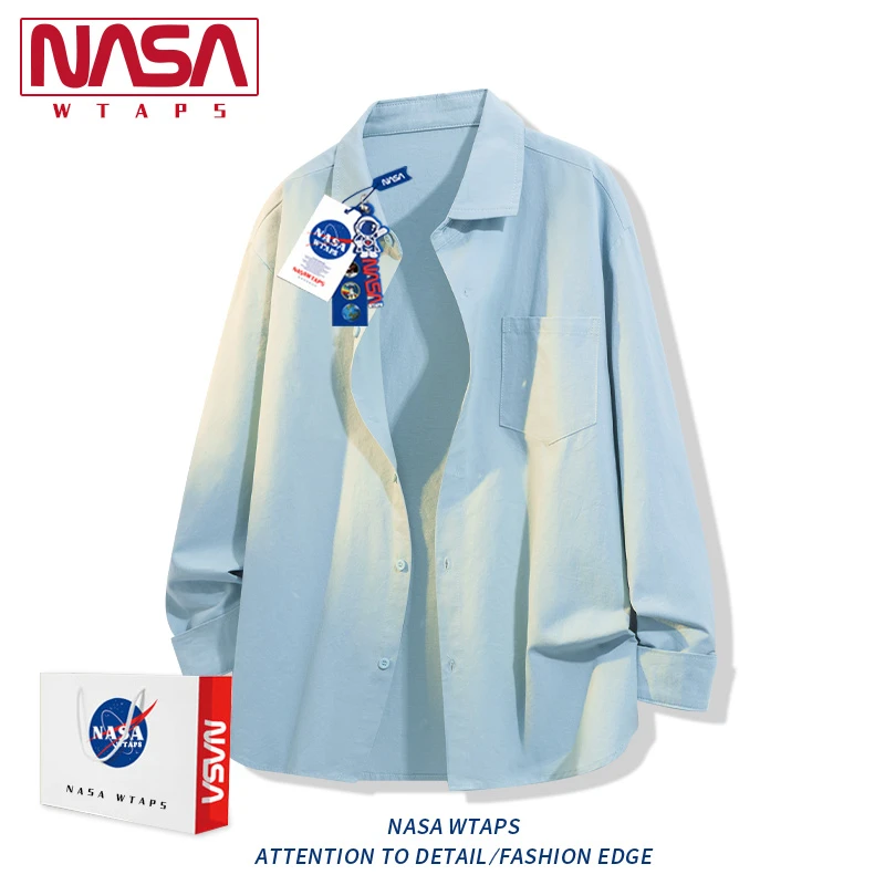 NASA WTAPS日系纯色简约长袖衬衫男款春秋潮牌情侣百搭宽松衬衣男