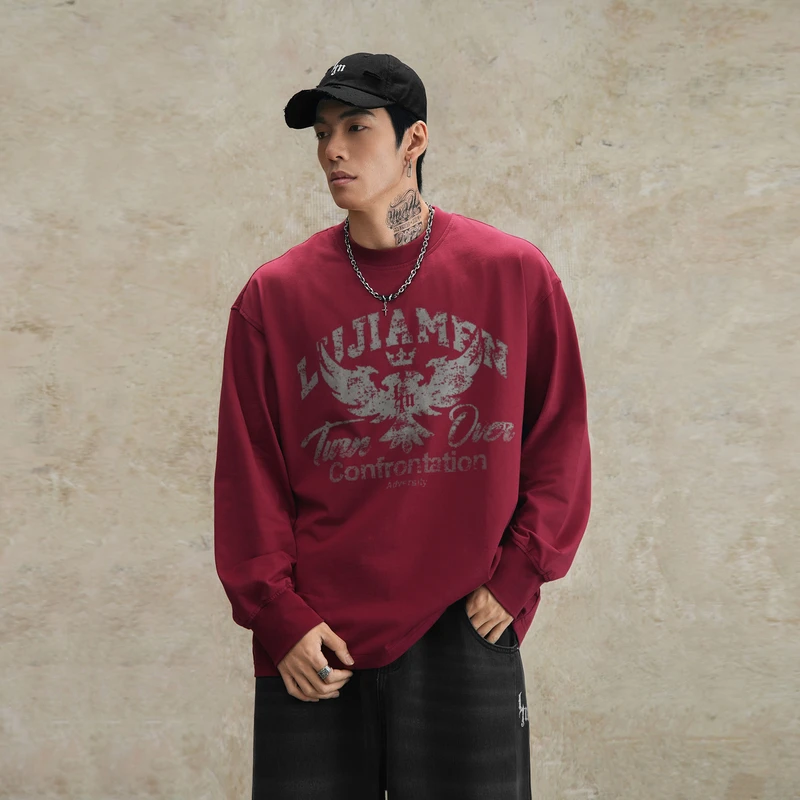 鹿家门复古宽松美式打底衫男士上衣印花纯棉长袖T恤休闲舒适百搭