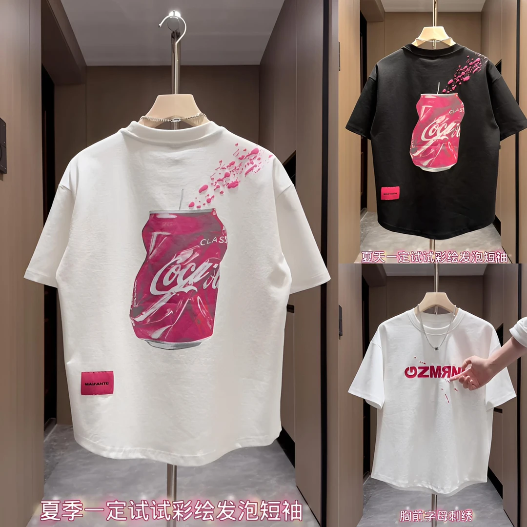 重磅男士可乐短袖t恤美式潮流帅气炸街透气纯棉T恤衫潮男宽松半袖