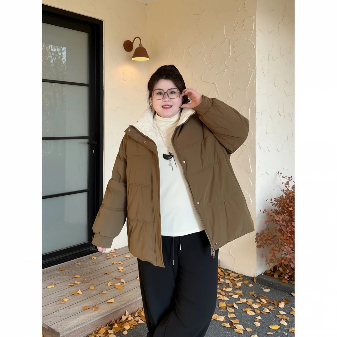 花契“加州薰风 ”大码女装冬季百搭200斤胖mm时尚拼色棉服14957-X