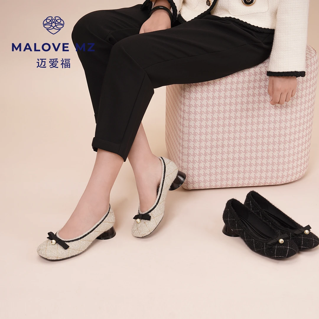 MALOVEMZ香风粗花绒珍珠蝴蝶结粗跟2025春季新款法式玛丽珍女鞋