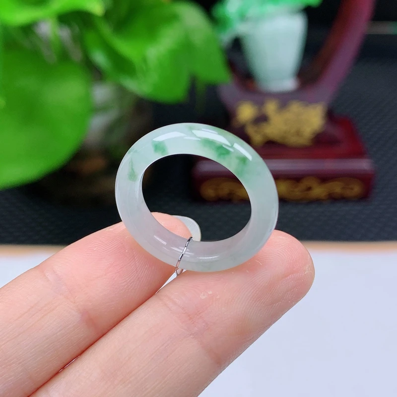 A00155天然缅甸翡翠A货冰飘花戒指玉戒圈14圈口内径16.9mm