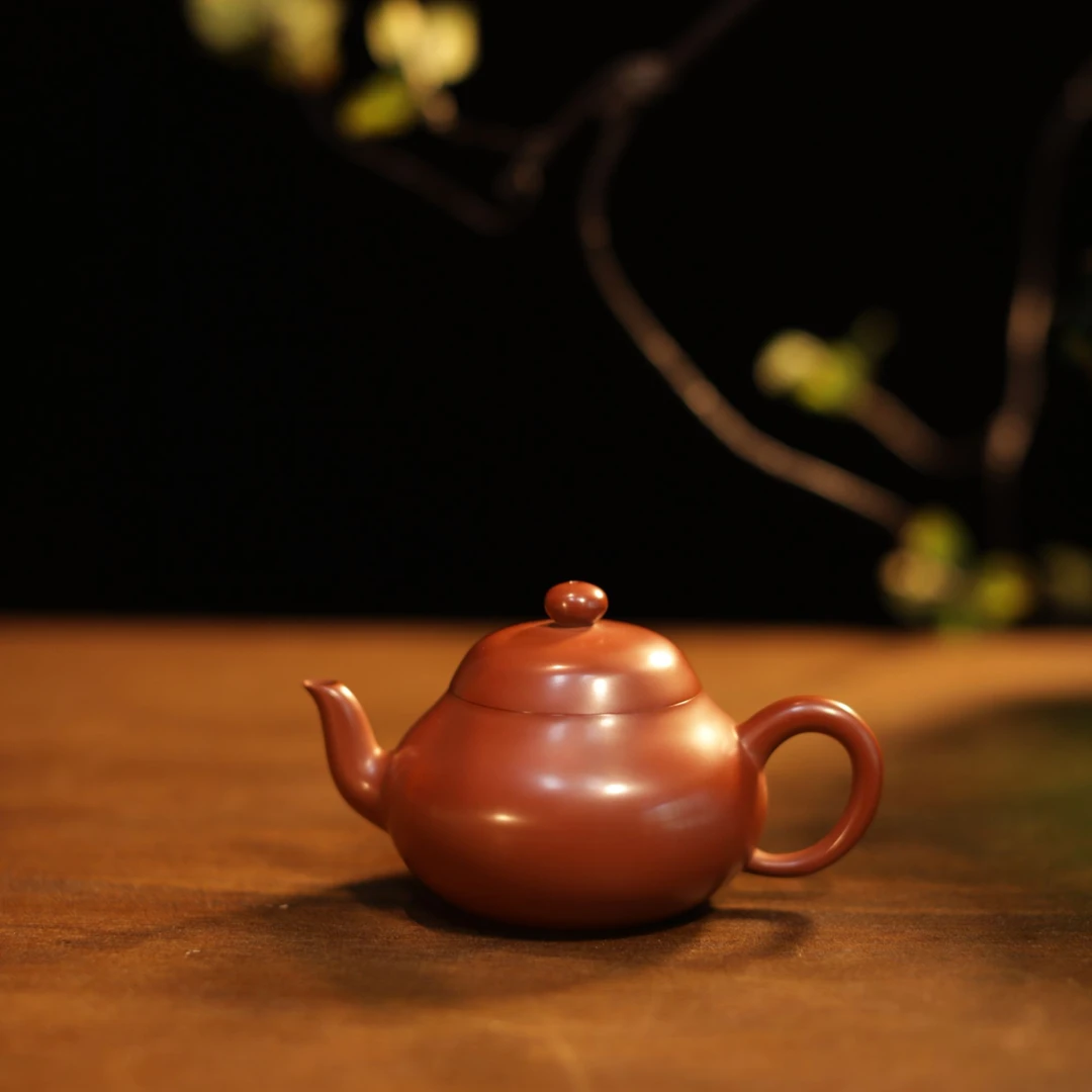 茗睿轩【老朱泥~三弯矮梨】潮州手拉壶 全手工原矿朱泥手拉小品紫砂