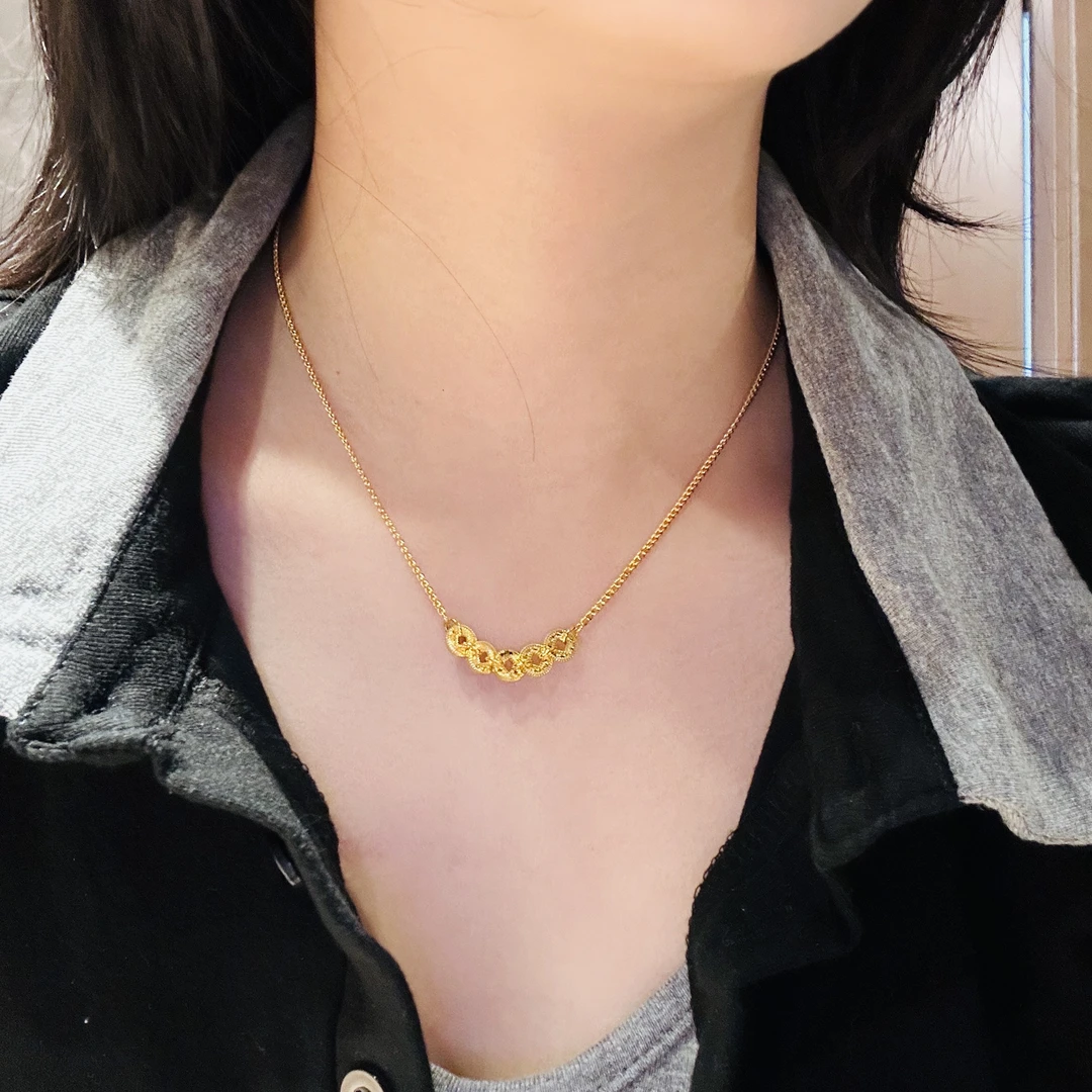 铜合金项链 b51碎冰冰五帝钱项链轻奢时尚百搭复古简约金色坠链