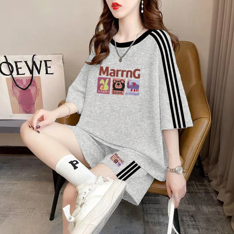 大码女装2025新款一整套短袖t恤套装女夏季休闲运动服短裤两件套
