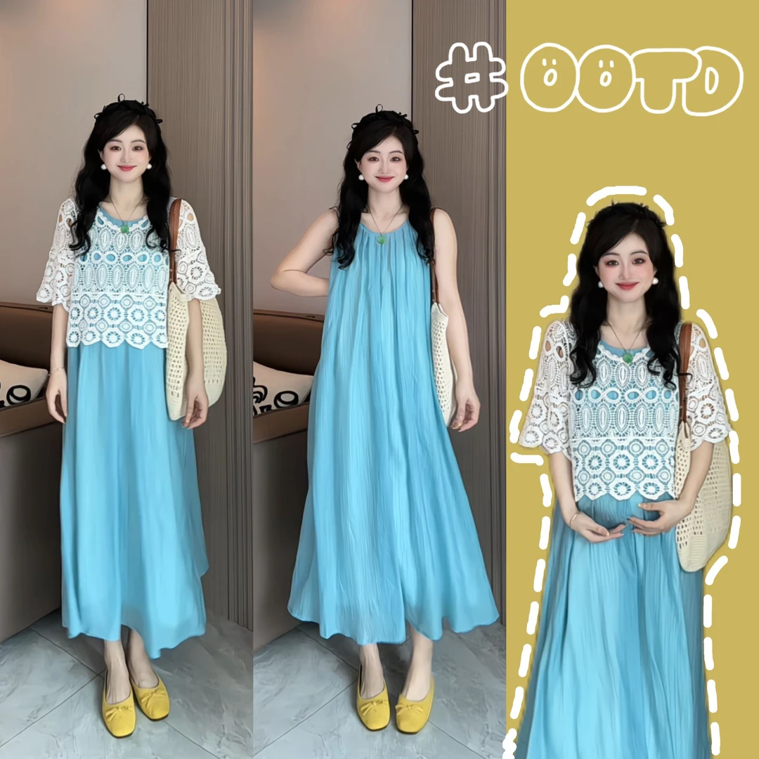 孕妇装夏装连衣裙2025新款宽松显瘦遮肚连衣裙中长款外穿夏天罩衫