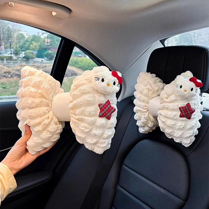 汽车车载头枕护颈枕可爱蕾丝泡芙kitty车用靠枕女士车内座椅枕头