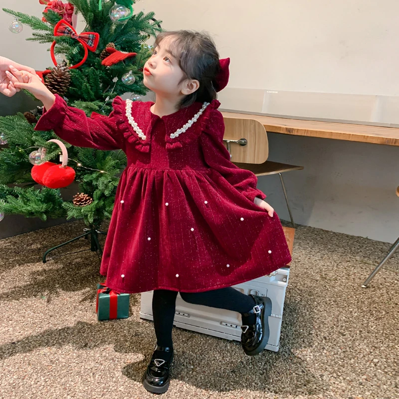 女童红色连衣裙过年喜庆加绒拜年服公主裙子新年衣服-YGG