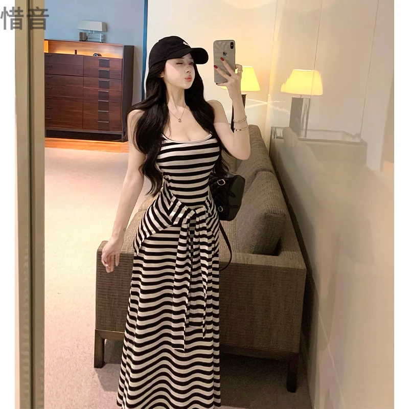韩版气质纯欲绑带披肩无袖条纹吊带连衣裙女高级感收腰显瘦两件套
