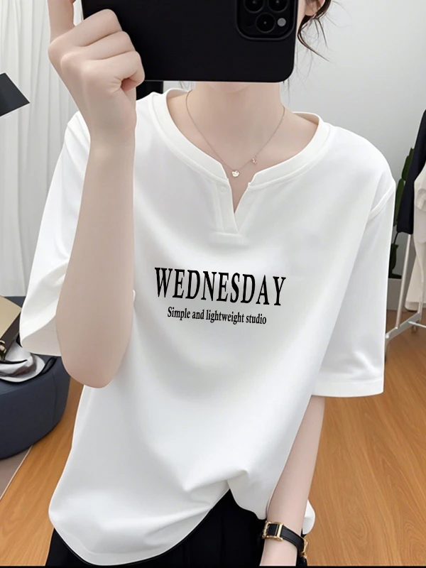 显瘦V领短袖宽松时尚百搭t恤女夏季2025新款设计感韩版打底衫上衣