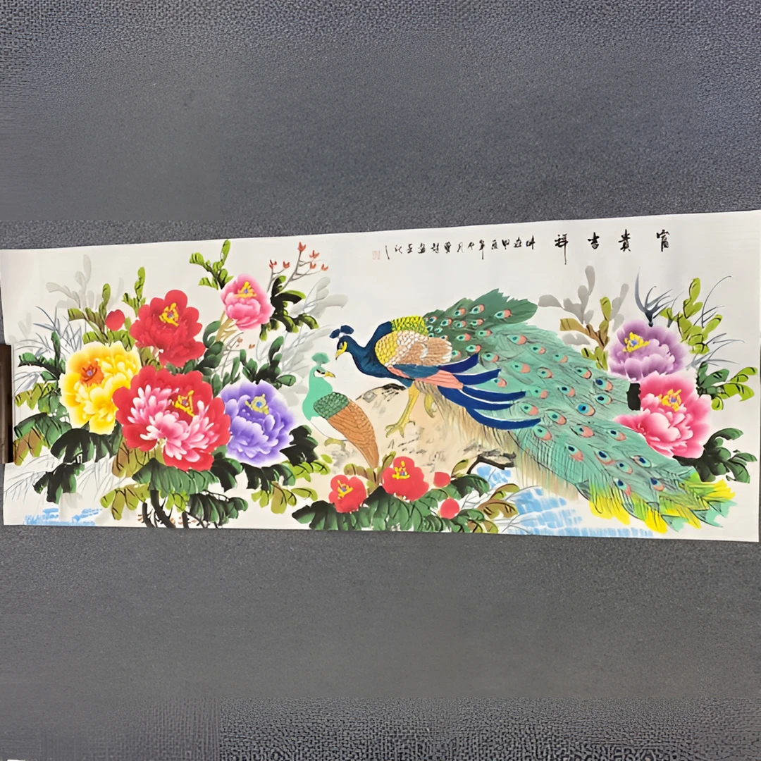 手绘小六尺孔雀牡丹 尺寸 180✖️70小六尺厘米
