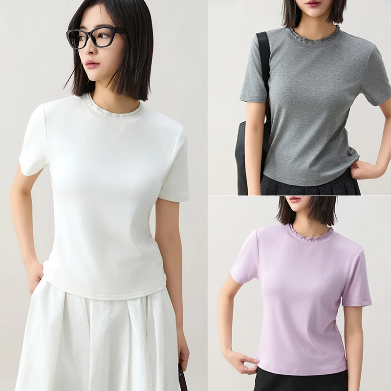K姐KSOEUR【纯欲花边T】立体双层花边圆领纯色百搭 修身短袖T恤女