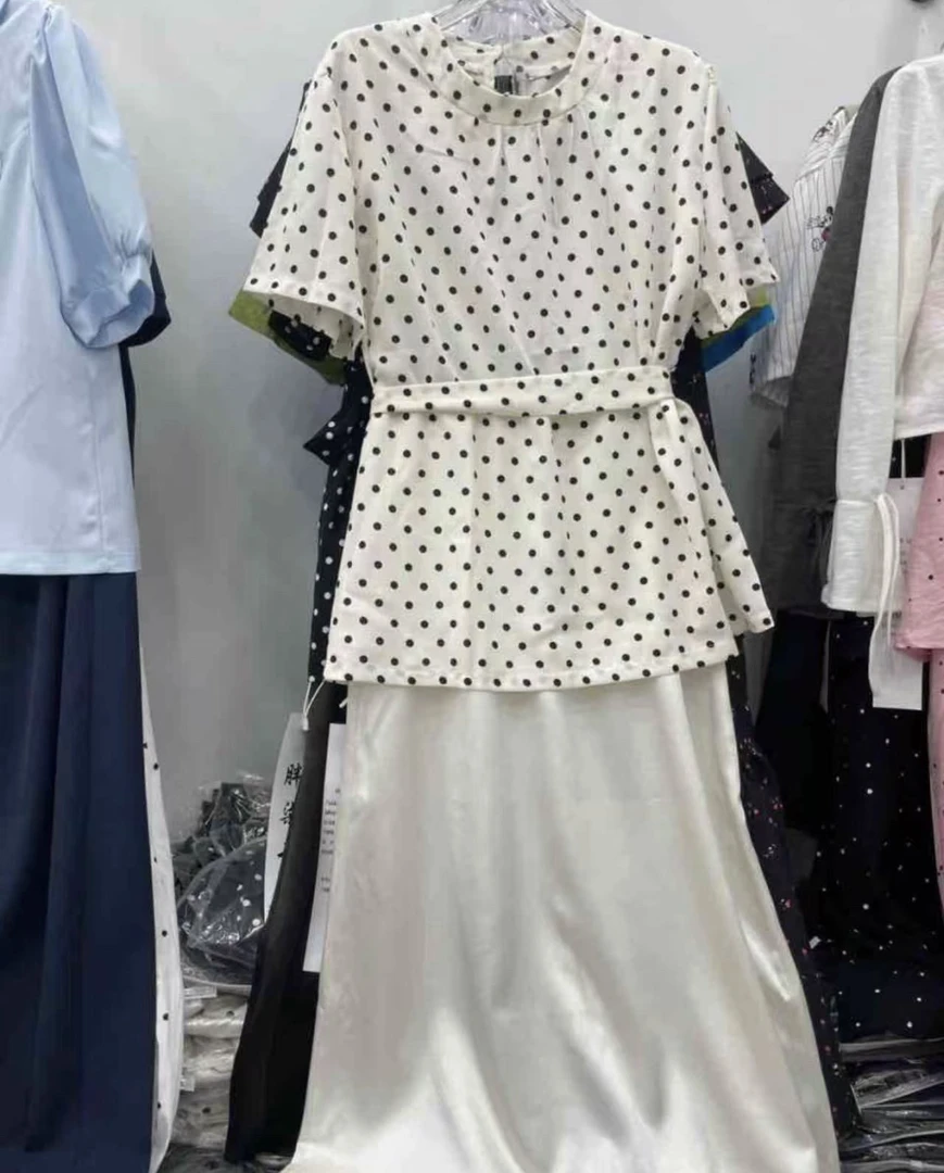 夏季复古波点显瘦系带短袖半裙套装-9536