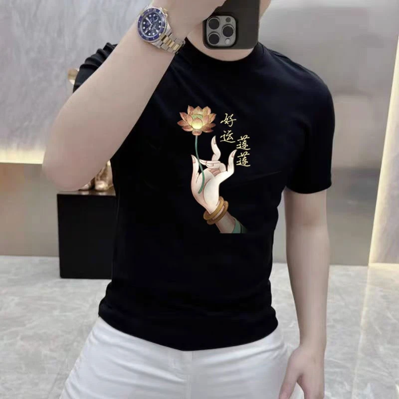 中国风手持莲花t恤好运莲莲纯棉短袖夏季时尚休闲半袖男女同款潮