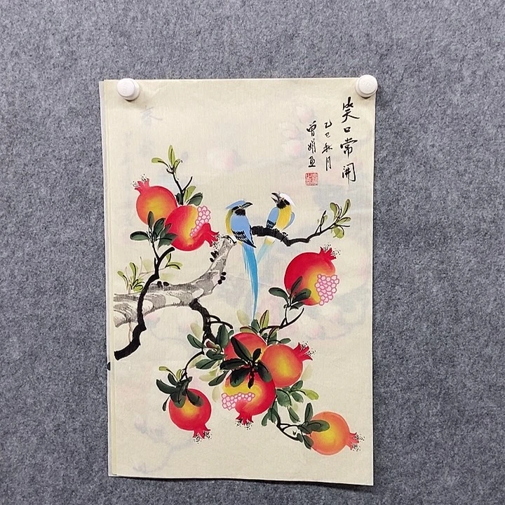 国画四尺三开花鸟一副