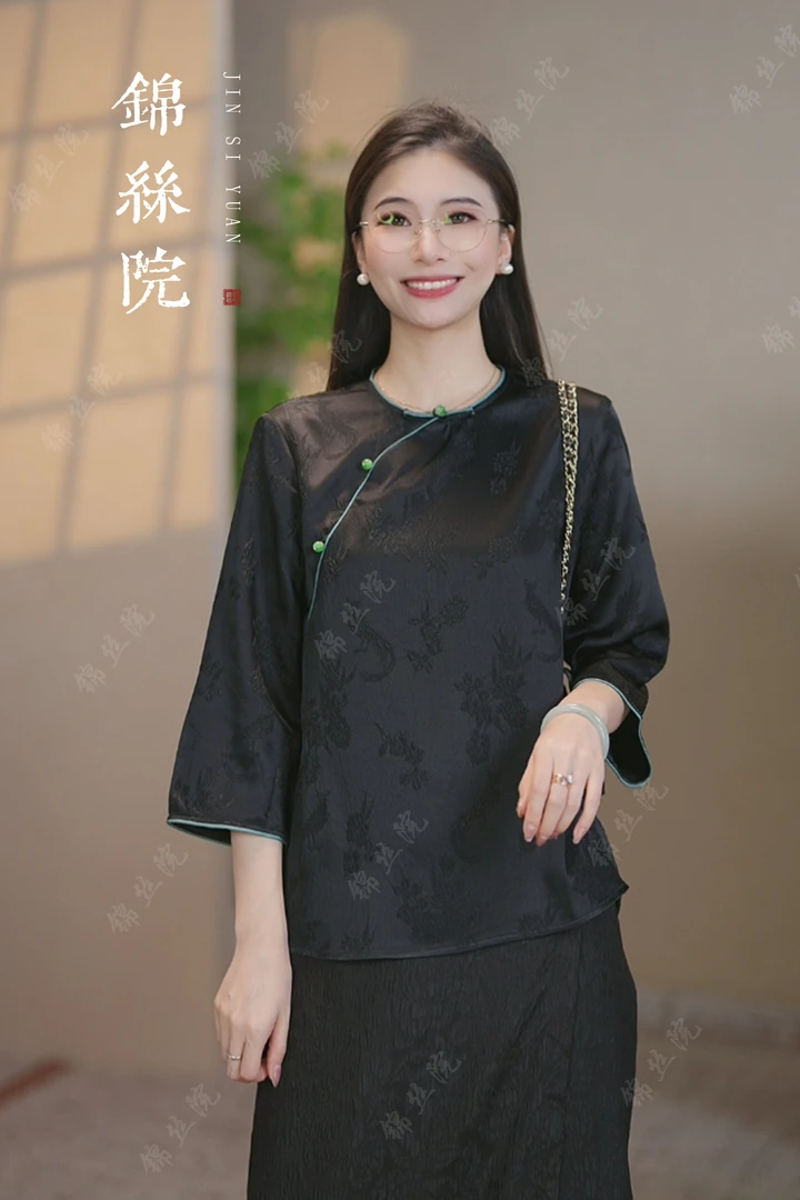 锦丝院【黑鸟】新中式轻奢气质国风长袖宽松网红复古上衣681052
