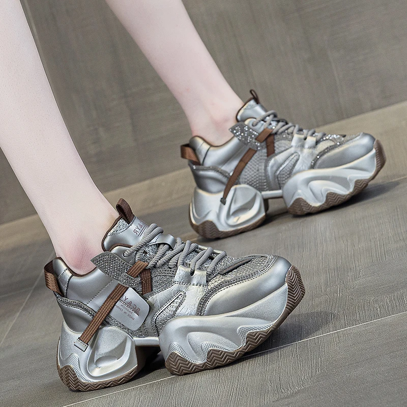 玛古芭黑色老爹鞋女款春新真皮爆款时尚女士厚底运动休闲鞋软底