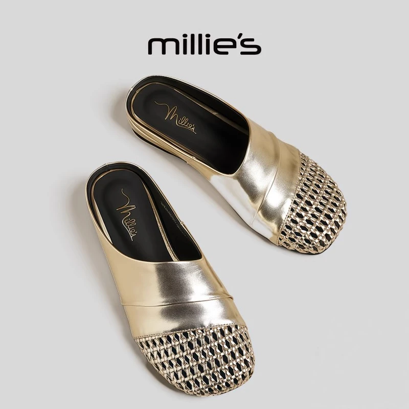 MILLIE'S/妙丽圆头平底镂空网状设计感懒人百搭时尚休闲穆勒鞋女￥