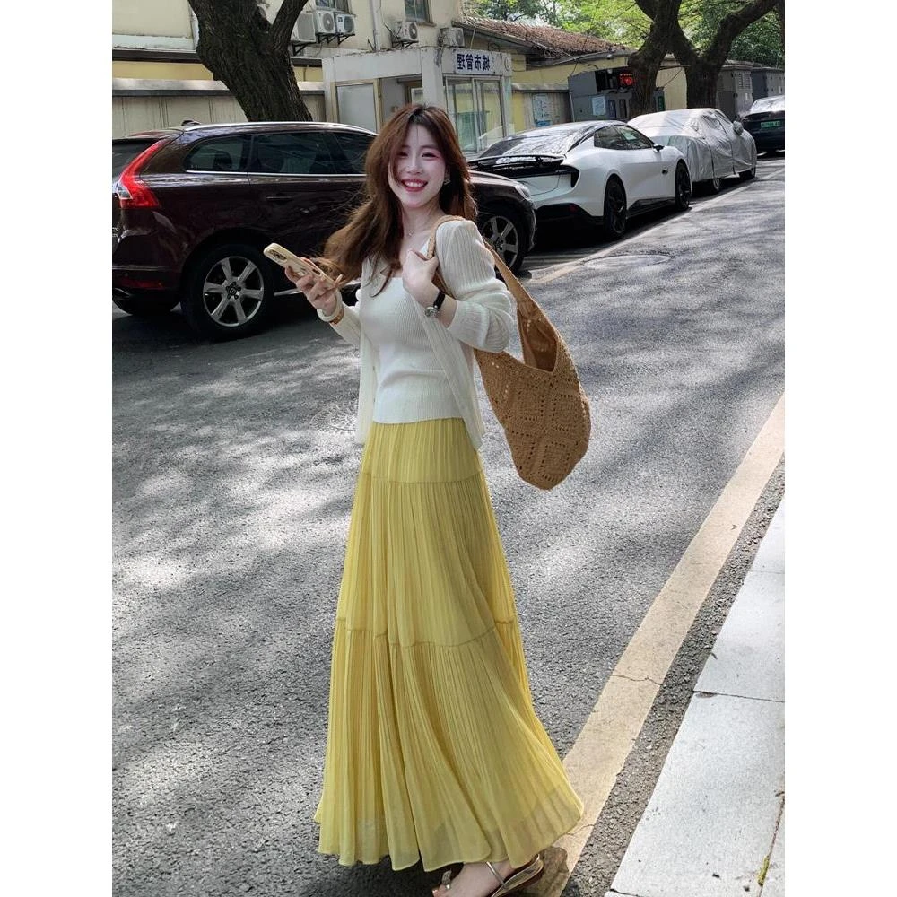 2025绝美压褶雪纺半身裙女夏显瘦温柔风百搭百褶裙垂感大摆长裙子