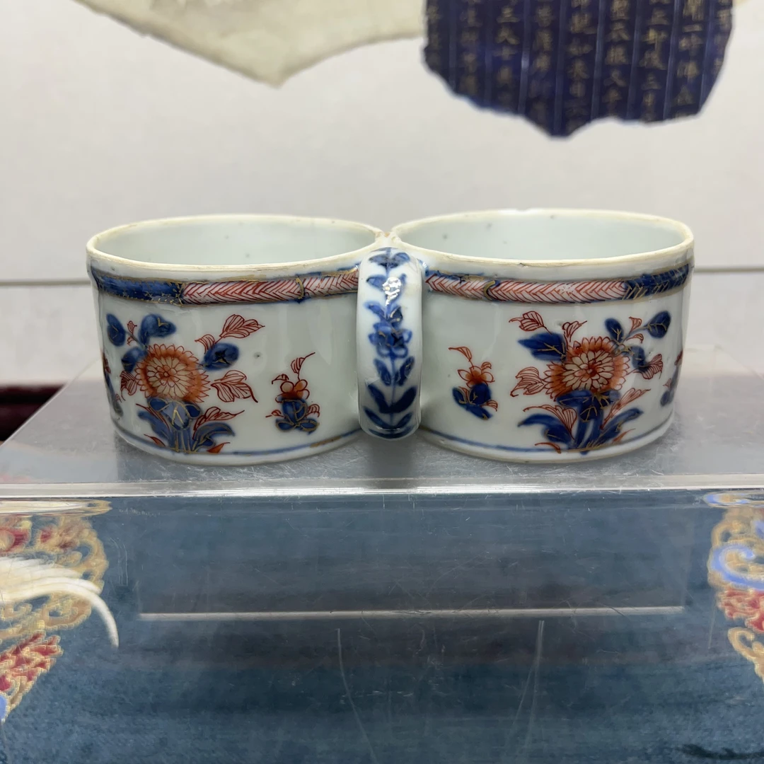 清康熙精品青花矾红描金双联杯，古董收藏，老瓷器