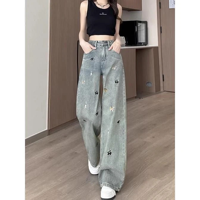 复古蓝小狗刺绣牛仔裤女2025年夏阔腿宽松拖地裤高腰显瘦直筒裤子
