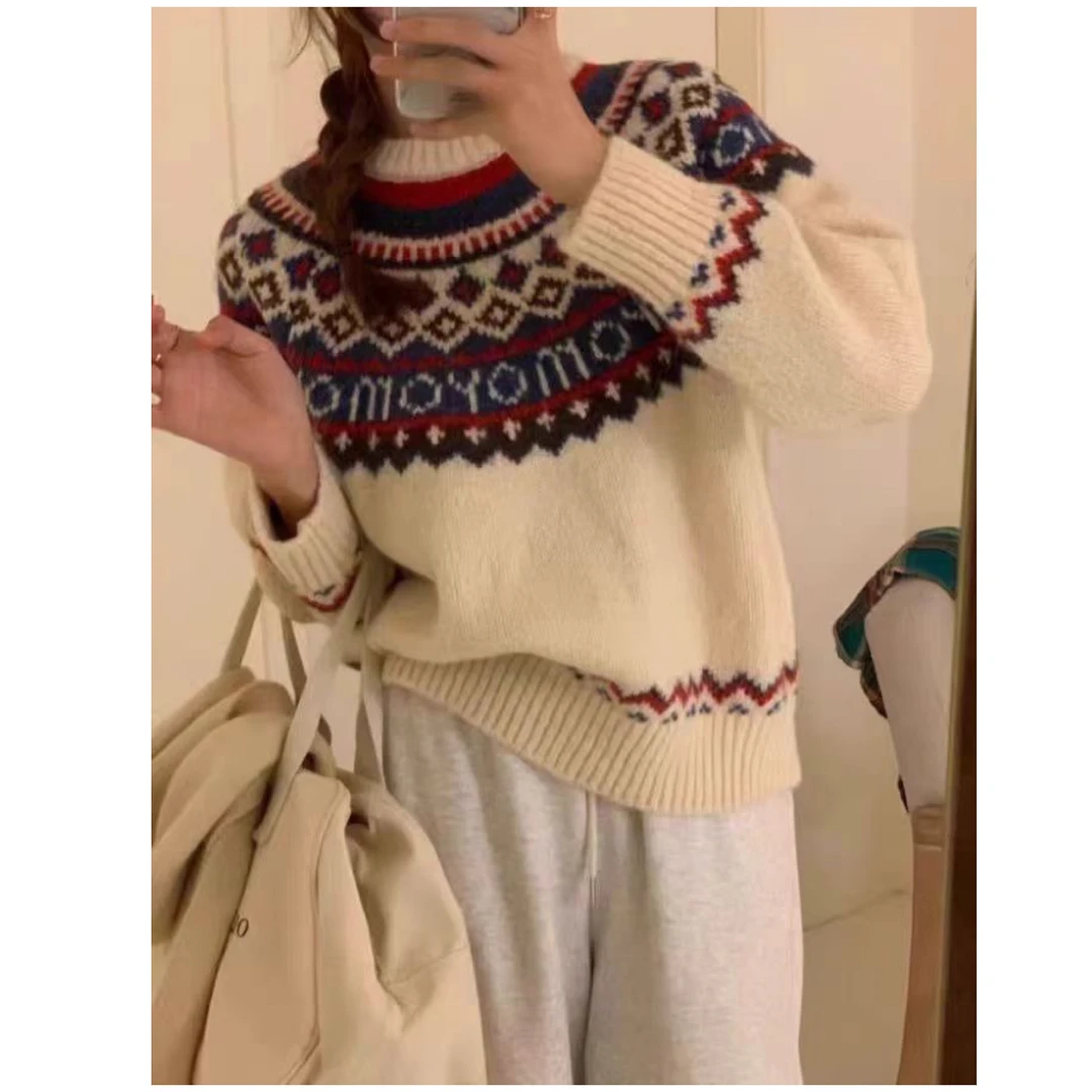 自制！费尔岛羊毛毛衣女 慵懒风复古重工提花宽松加厚套头针织衫