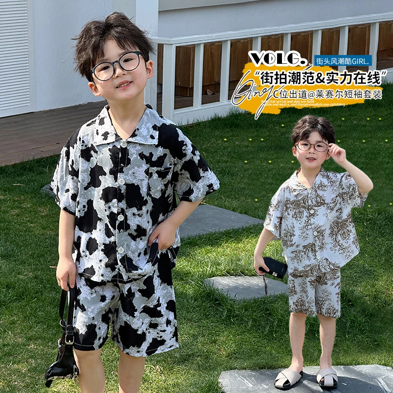 【莱赛尔】儿童莱赛尔棉绸翻领衬衫套装夏季男童国风帅气短袖短裤