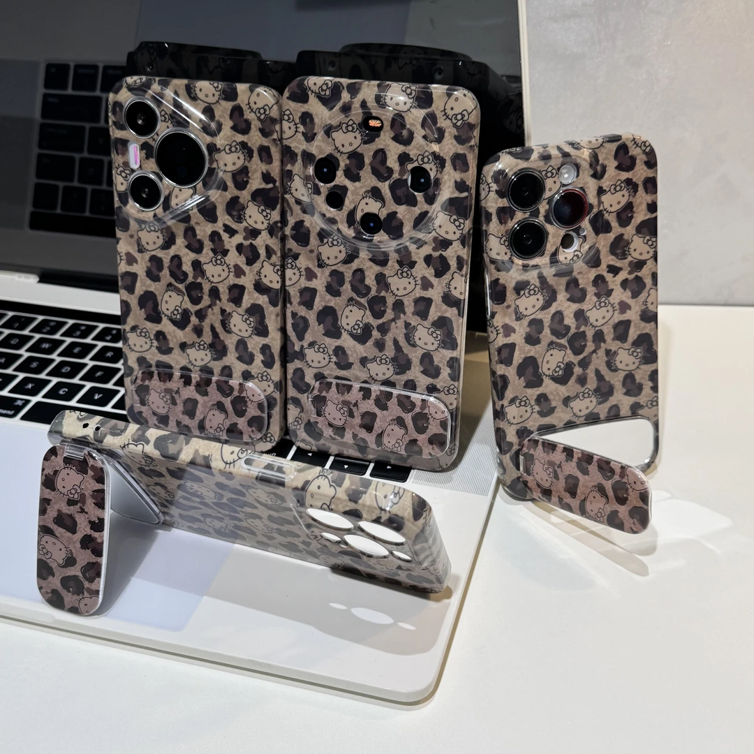 奥菲顿棕豹纹KT镜子支架适用苹果17菲林16手机壳华为vivo小米oppo