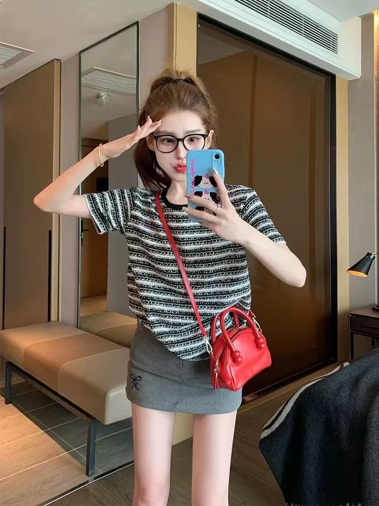 9164#小香风夏季设计感大码正肩条纹短袖T恤女2025新款亮丝上衣