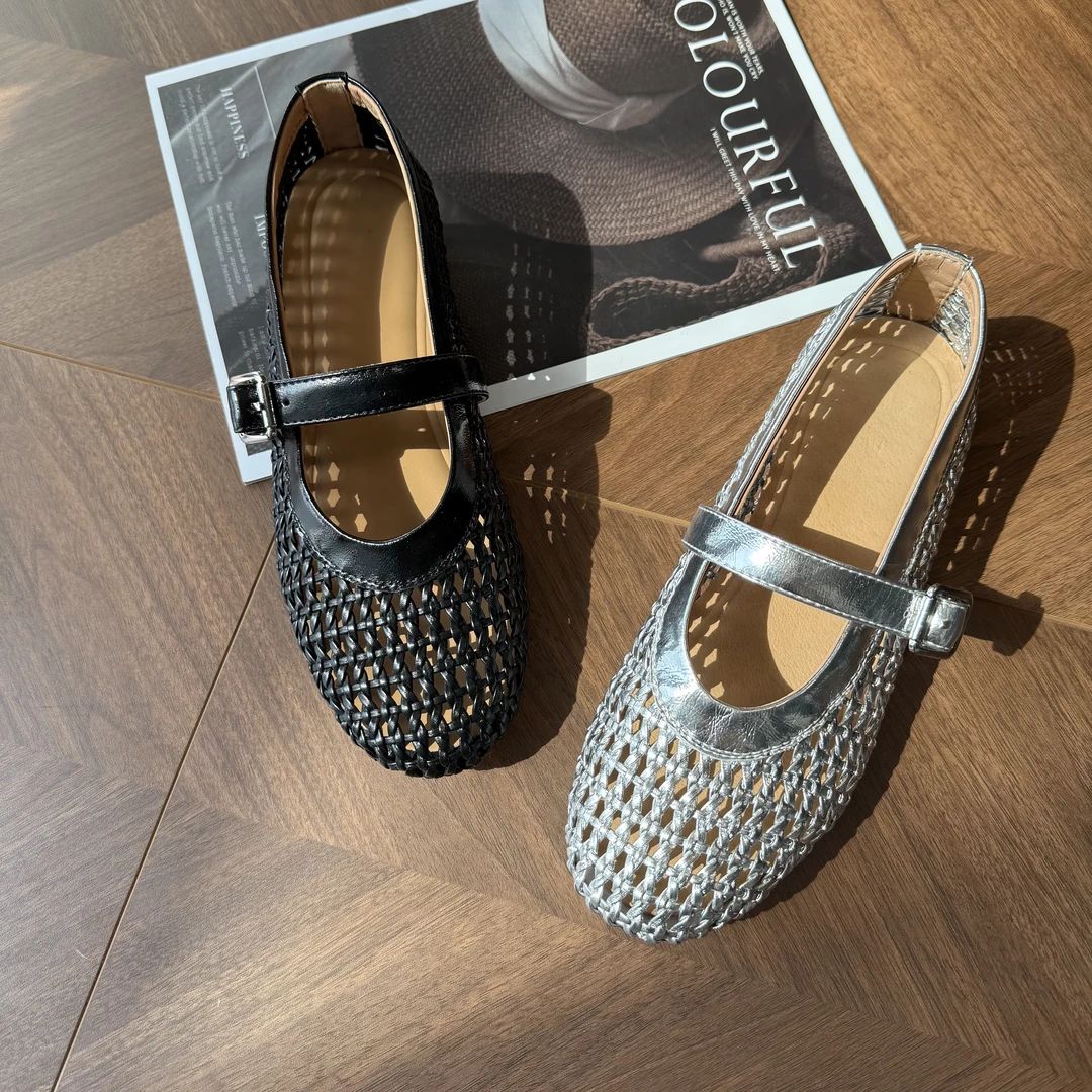 【鞋逅】~1厘米平底镂空编织玛丽珍单鞋女2025年夏季新款银色单鞋
