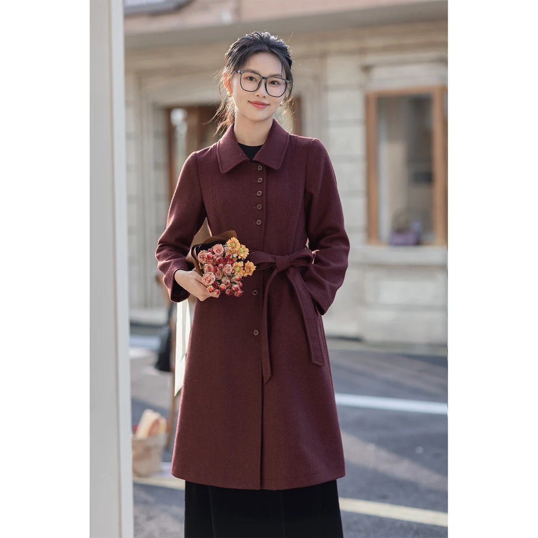 红念紫色毛呢大衣女中长款高级感2025年秋冬气质呢子外套流光风