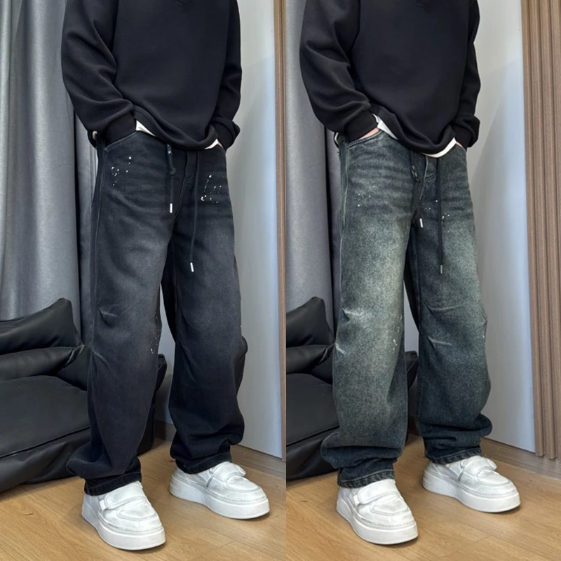 秋冬新款加绒水洗做旧渐变复古痞帅百搭宽松直筒垂感阔腿牛仔裤男