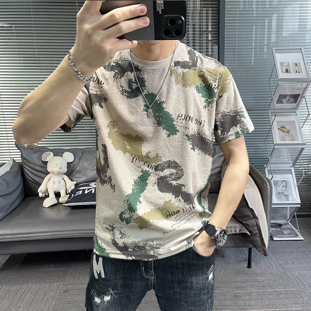 棉麻短袖t恤男2025夏季新款圆领满身字母印花休闲透气冰丝薄款潮