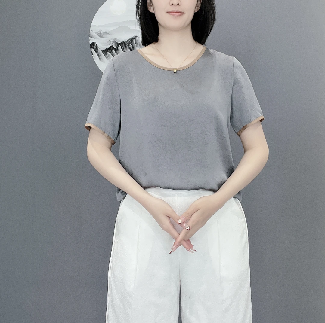 2025夏季新款圆领短袖洋气百搭女士大码显瘦减龄纯色简约上衣小衫