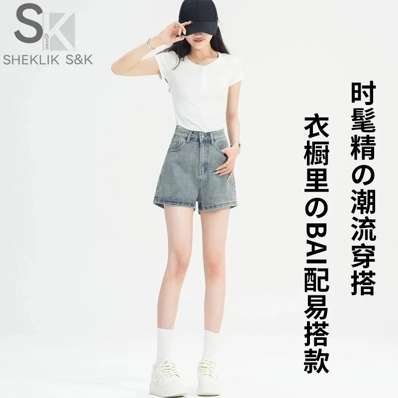 101浅色薄款牛仔短裤女2025夏季新款宽松高腰刺绣显瘦小个子热裤