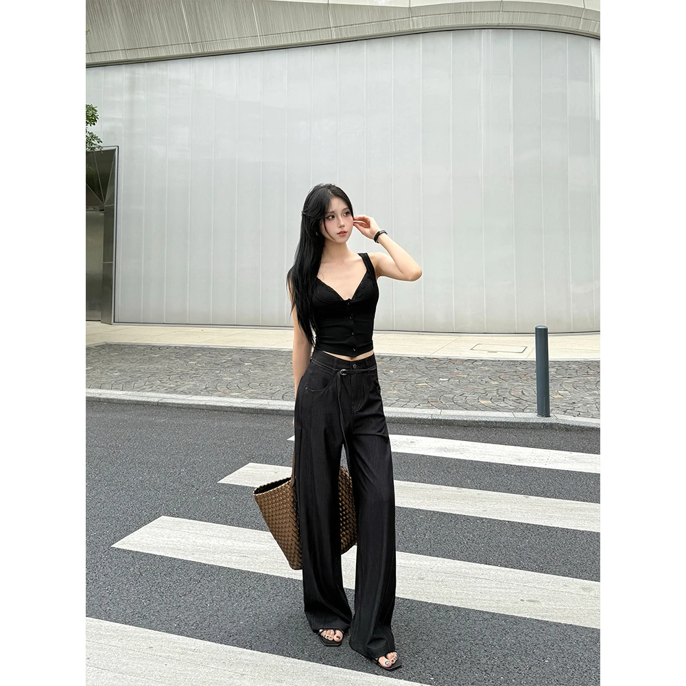 IFMR 夏季新款女小众设计感高腰垂感气质显瘦长直筒阔腿牛仔裤