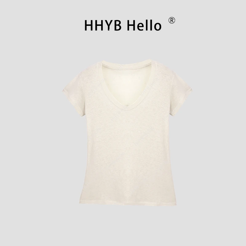 HHYB HelloV领超薄麻宽松短袖2025春夏新款女辣妹T恤上衣250125
