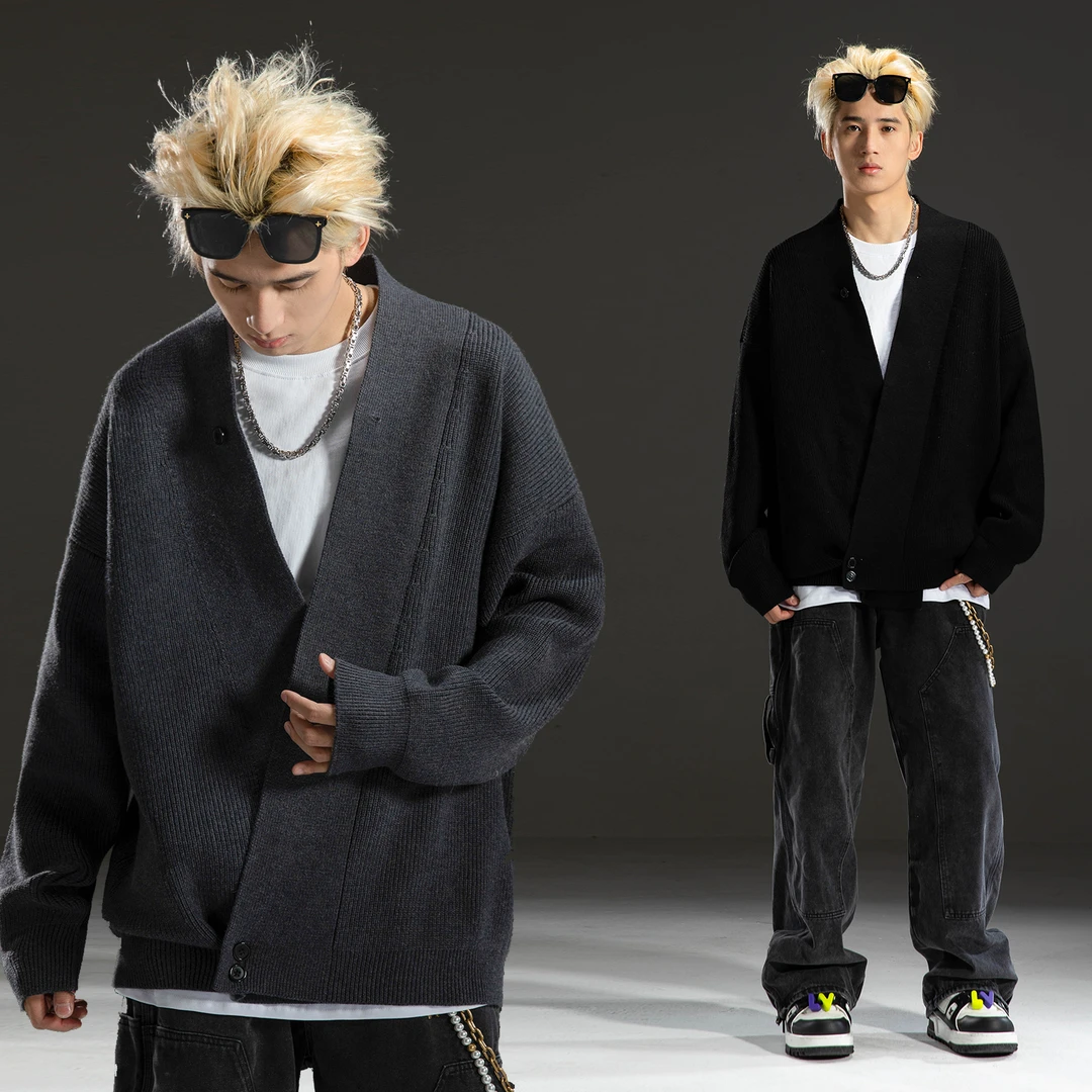 【羊毛天丝】小众不规则V领道袍羊毛衫老钱风开衫外套情侣毛衣7015