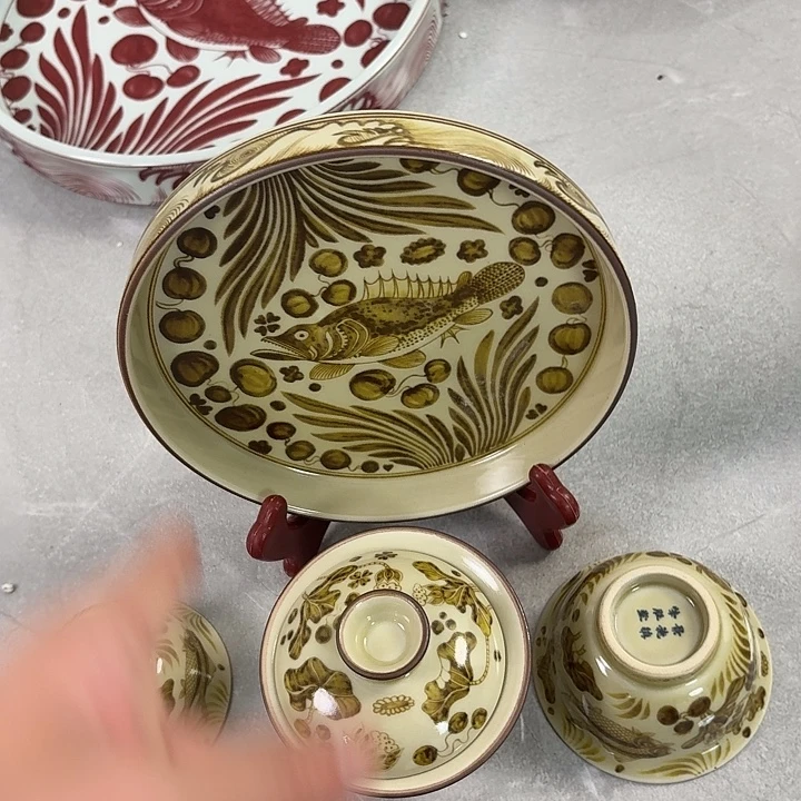 瓷片釉里金鱼藻5件套