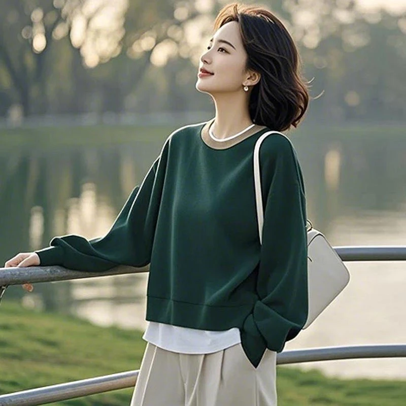 韩式新款高级感百搭上衣2025春季圆领套头不装款设计感卫衣外套女