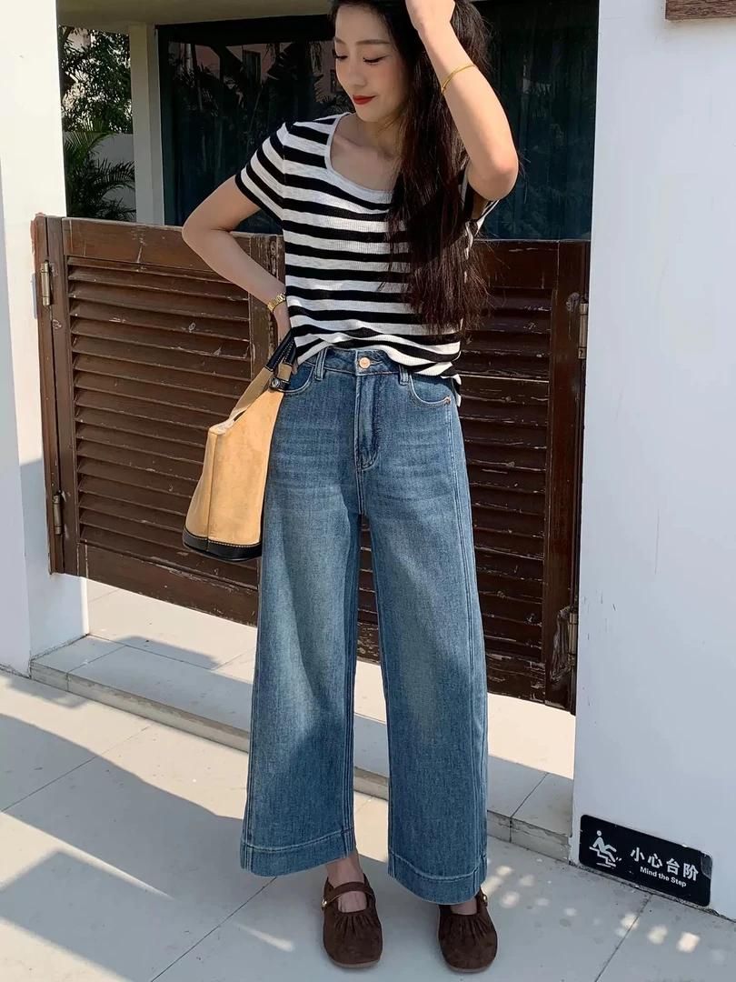 【阳光正好】2025春秋新款阔腿复古牛仔裤高腰显瘦时尚宽松直筒裤