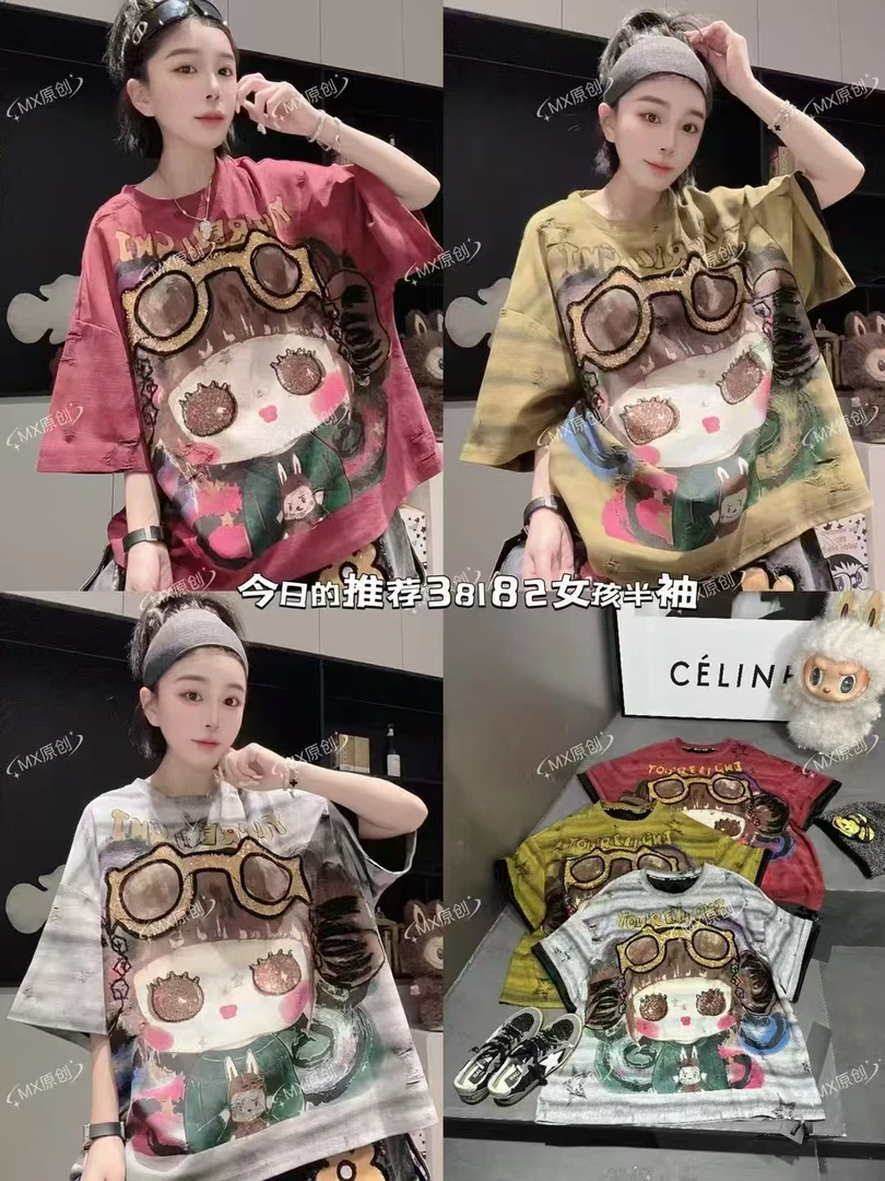 MX欧货2025秋季新款大版宽松大版重工洋气卡通短袖t恤上衣女38182