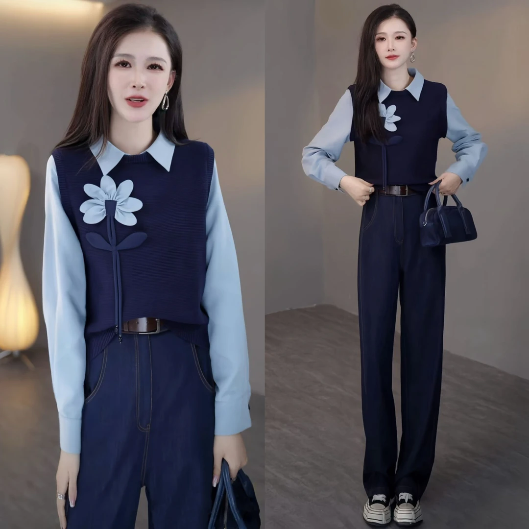 2025秋冬新款时尚洋气设计感假两件拼接针织衫+牛仔裤两件套气质