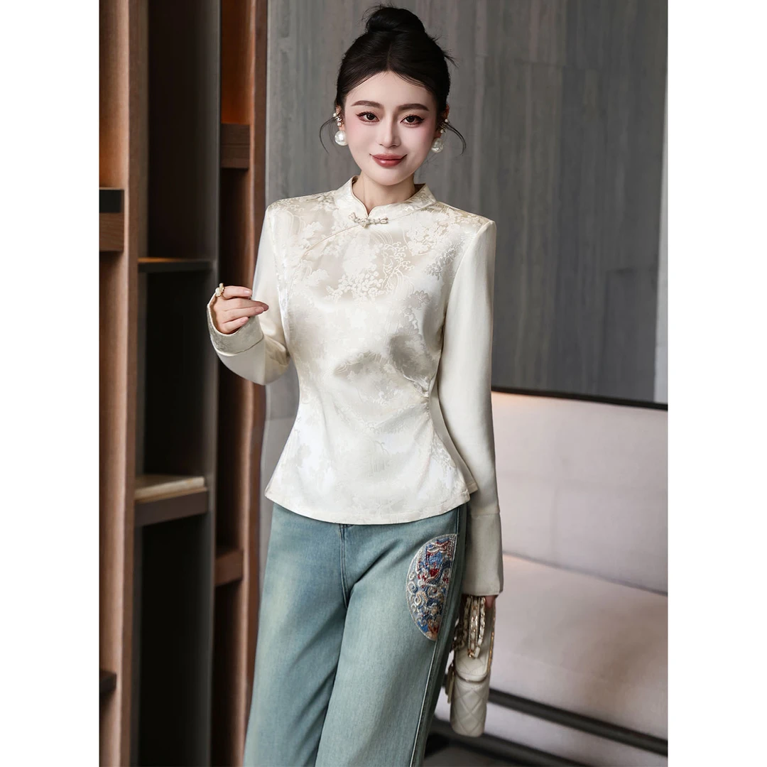 2025秋冬复古国风旗袍立领上衣弹力针织袖拼接人丝提花时尚高级感