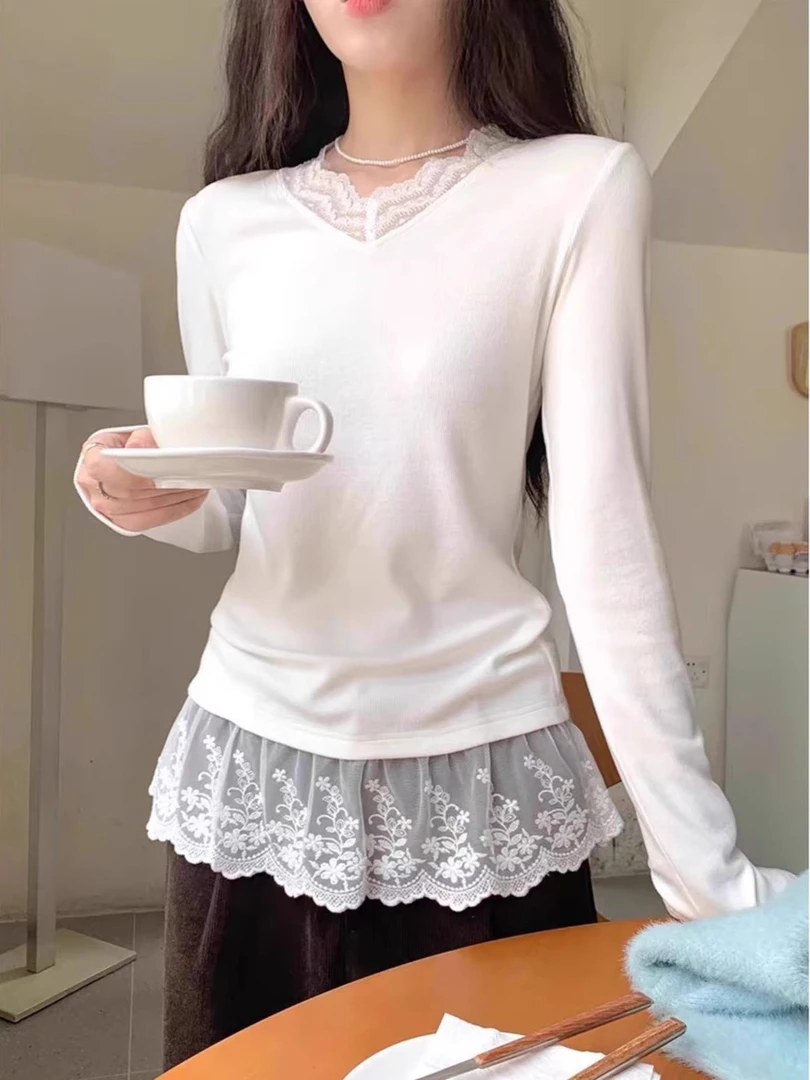法式纯欲蕾丝边拼接德绒上衣女春秋新款修身显瘦时尚洋气百搭T恤