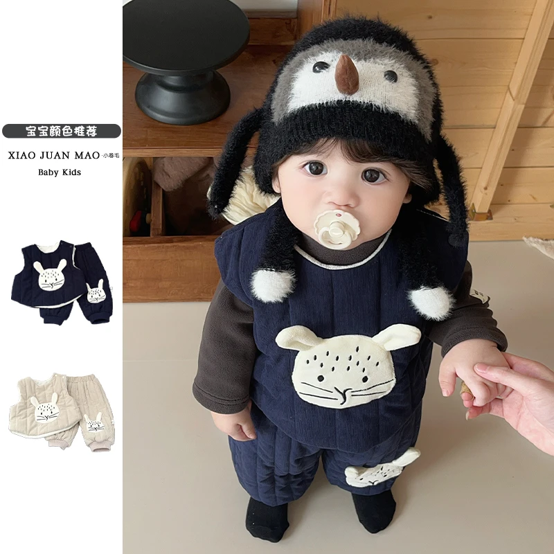T25D106冬季婴幼儿宝宝韩系洋气保暖加厚纯色可爱猫咪背心套装