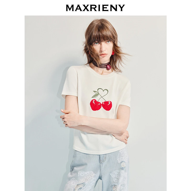 MAXRIENY精致日常感樱桃提花宽松套头针织毛衫25夏款气质修身上衣